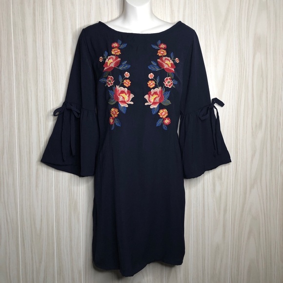 Flying Tomato Embroidered Navy Bell Sleeve Dress - Picture 1 of 6